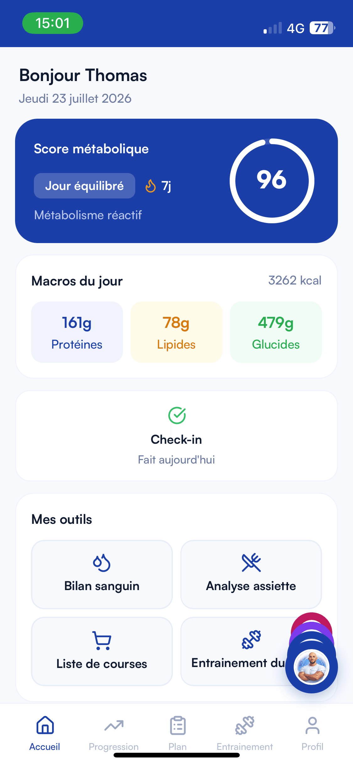 Dashboard de progression dans l'app METABOLOGYK